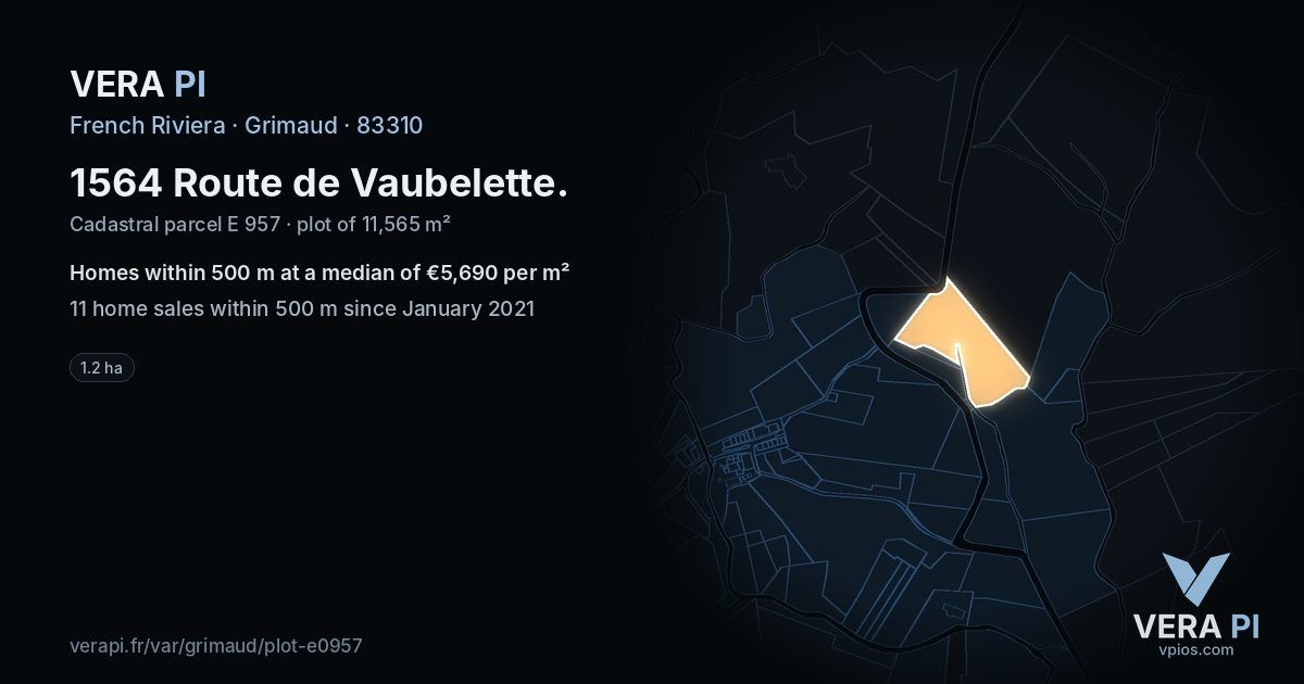 1564 Route de Vaubelette, Grimaud at night – the plot lit, the parcels around coloured by the prices near them