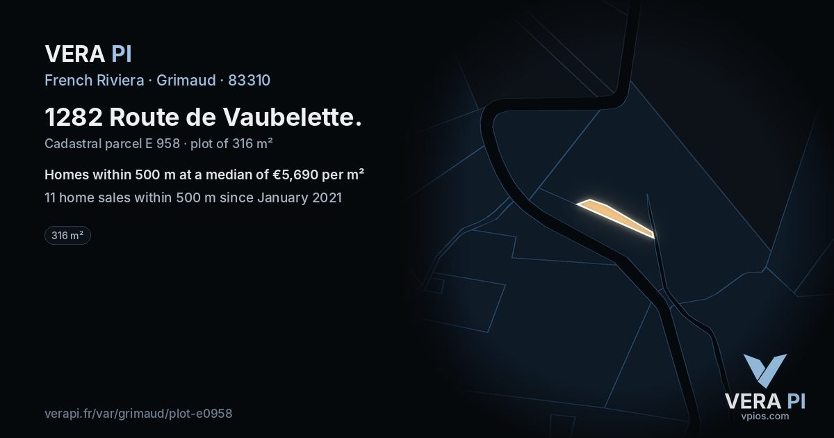 1282 Route de Vaubelette, Grimaud at night – the plot lit, the parcels around coloured by the prices near them