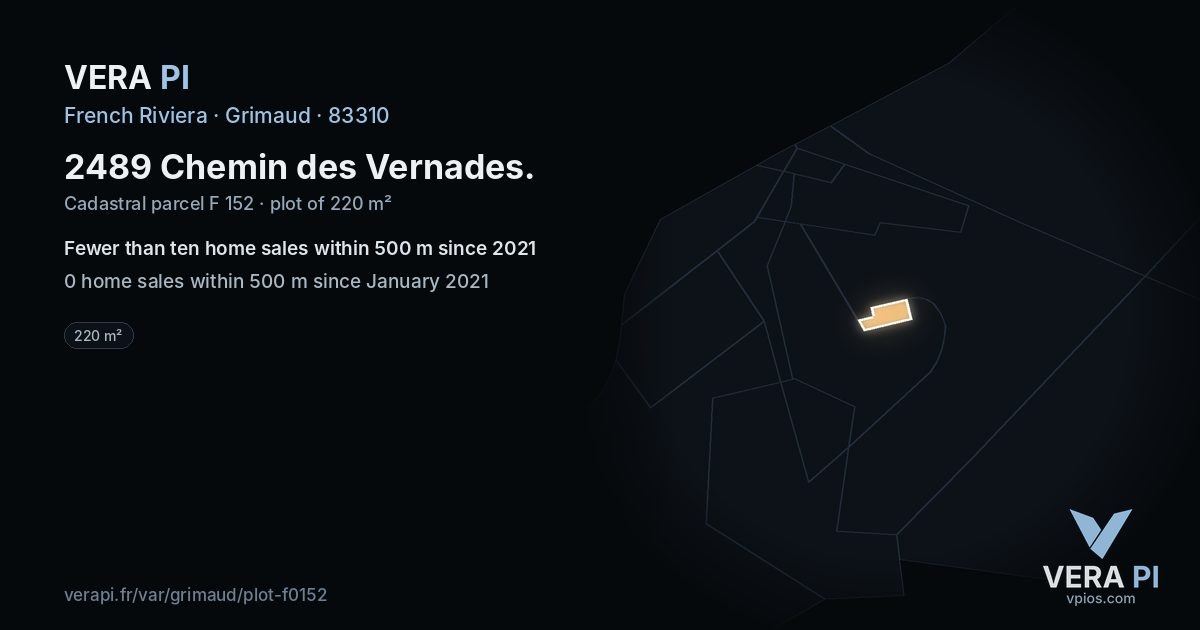 2489 Chemin des Vernades, Grimaud at night – the plot lit, the parcels around coloured by the prices near them