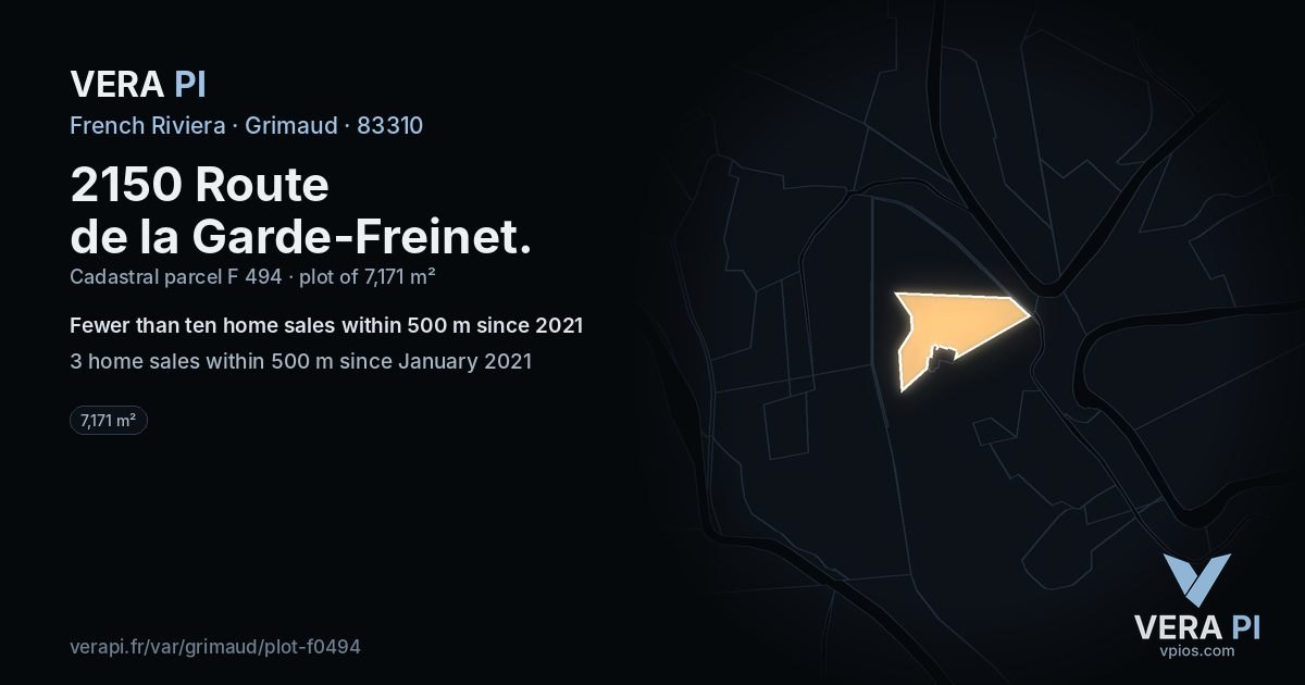 2150 Route de la Garde-Freinet, Grimaud at night – the plot lit, the parcels around coloured by the prices near them