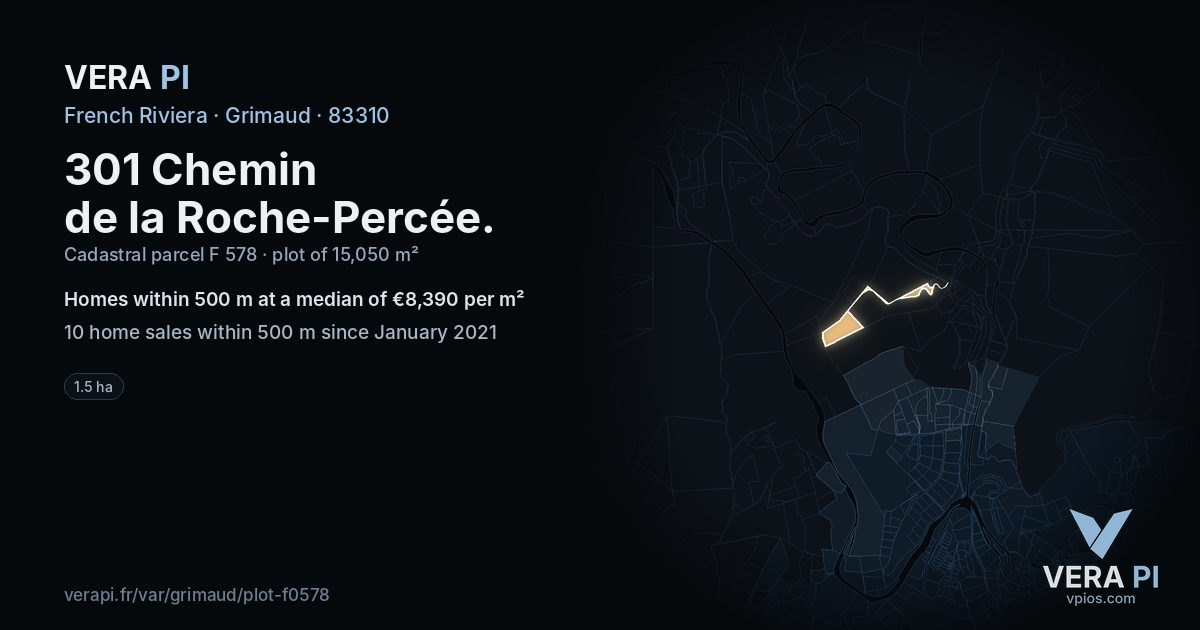 301 Chemin de la Roche-Percée, Grimaud at night – the plot lit, the parcels around coloured by the prices near them