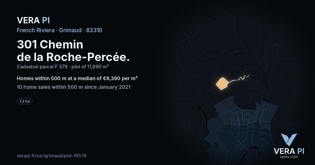 301 Chemin de la Roche-Percée, Grimaud at night – the plot lit, the parcels around coloured by the prices near them