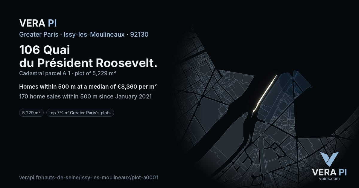 106 Quai du Président Roosevelt, Issy-les-Moulineaux at night – the plot lit, the parcels around coloured by the prices near them