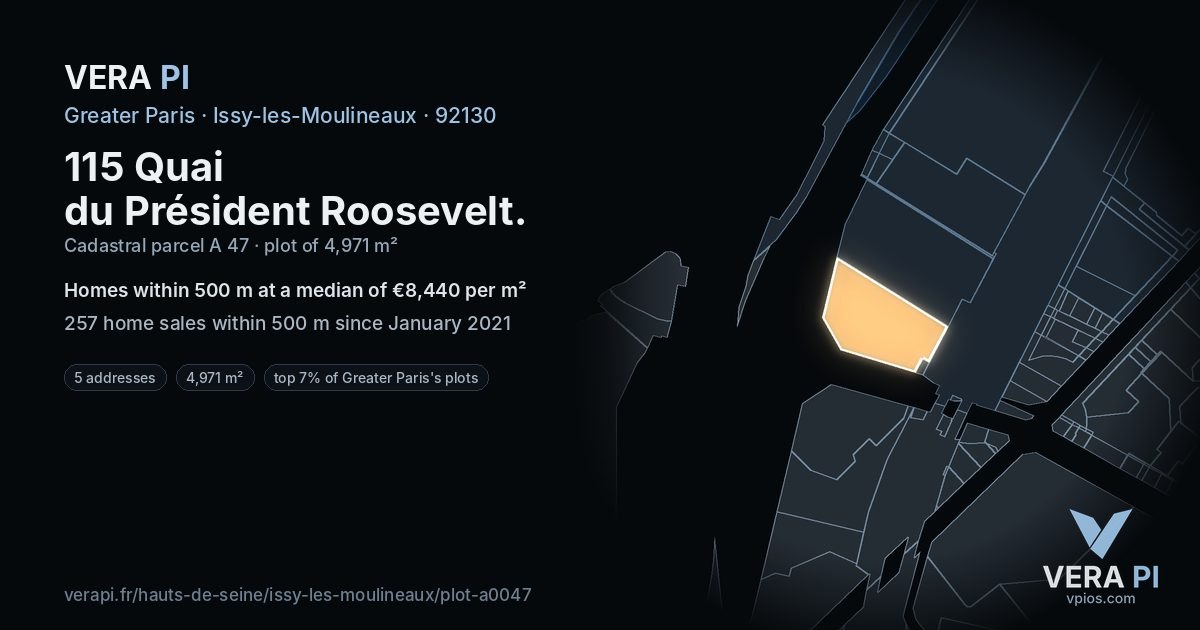 115 Quai du Président Roosevelt, Issy-les-Moulineaux at night – the plot lit, the parcels around coloured by the prices near them