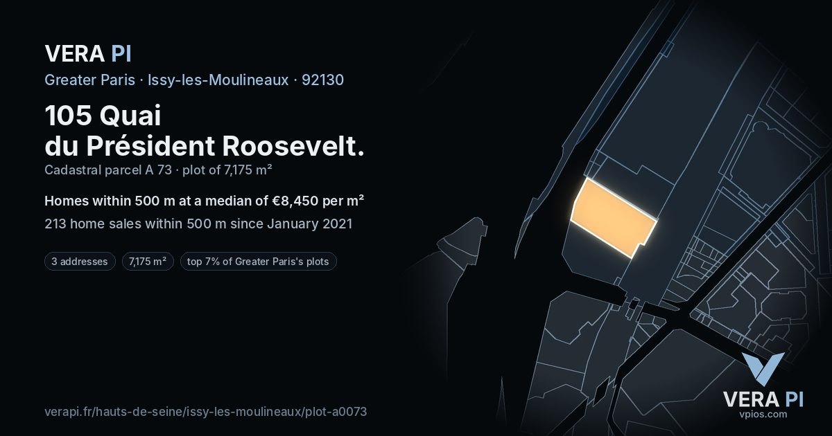 105 Quai du Président Roosevelt, Issy-les-Moulineaux at night – the plot lit, the parcels around coloured by the prices near them
