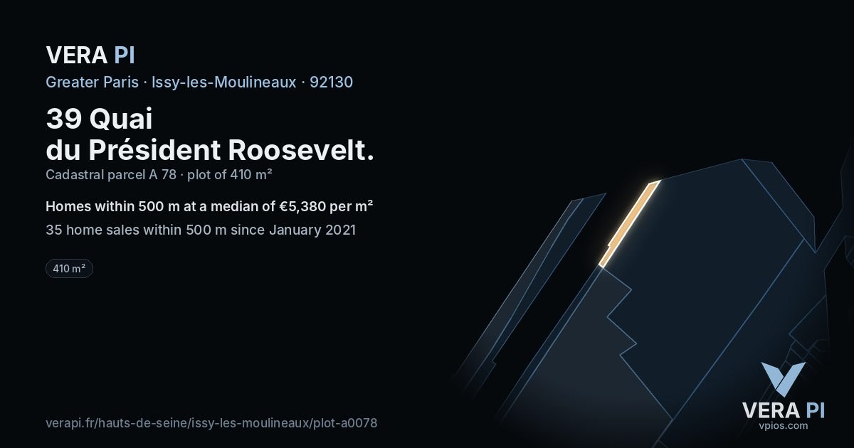 39 Quai du Président Roosevelt, Issy-les-Moulineaux at night – the plot lit, the parcels around coloured by the prices near them
