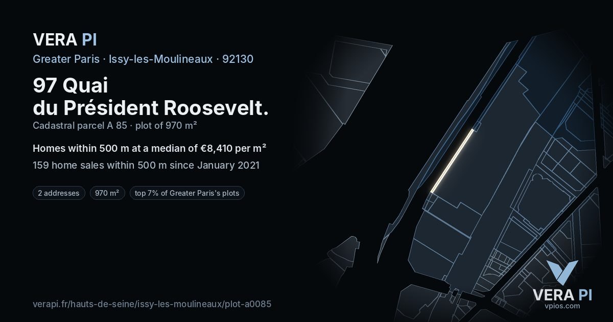 97 Quai du Président Roosevelt, Issy-les-Moulineaux at night – the plot lit, the parcels around coloured by the prices near them