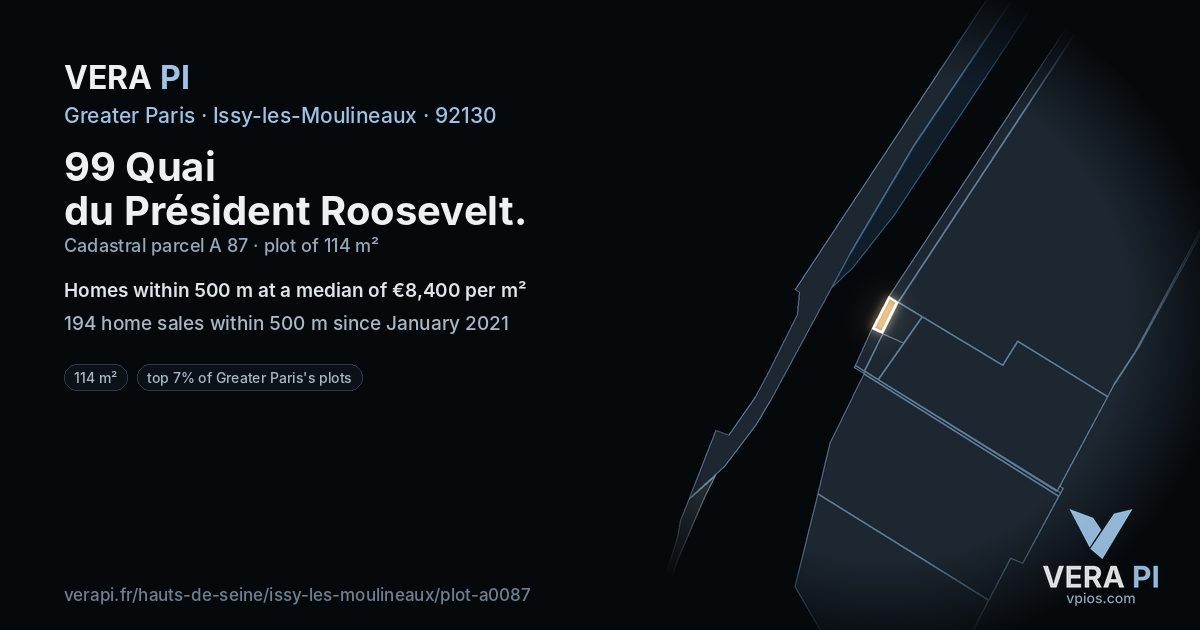 99 Quai du Président Roosevelt, Issy-les-Moulineaux at night – the plot lit, the parcels around coloured by the prices near them