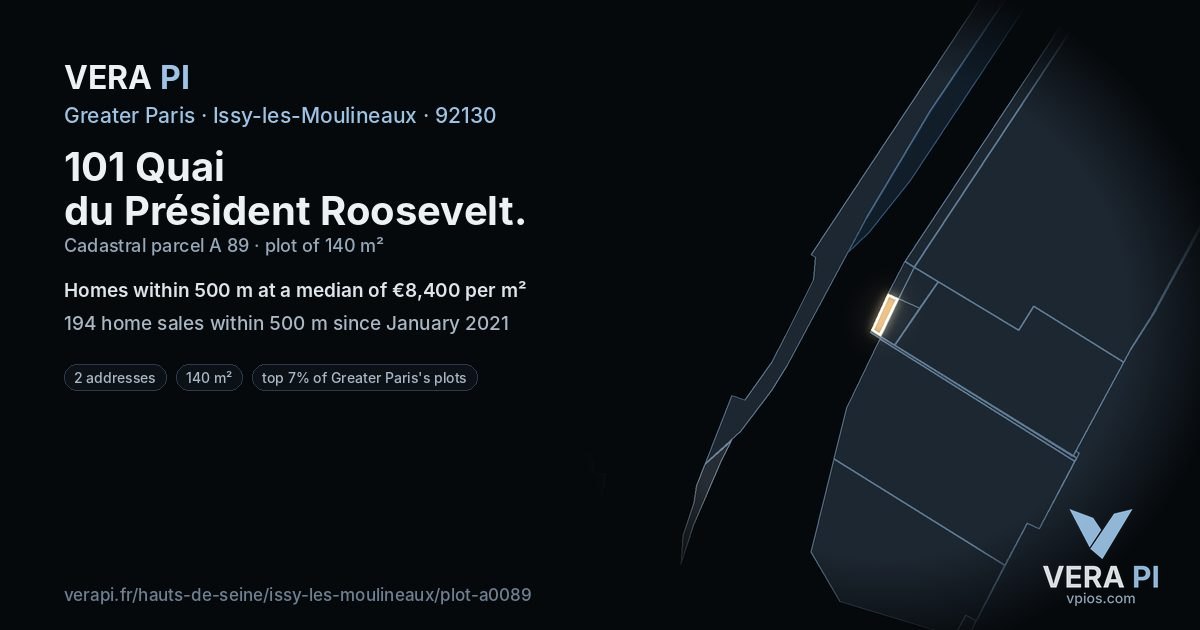 101 Quai du Président Roosevelt, Issy-les-Moulineaux at night – the plot lit, the parcels around coloured by the prices near them