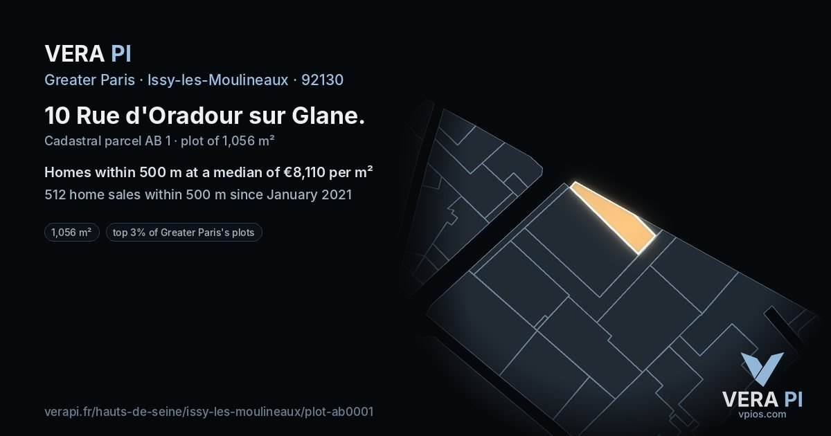 10 Rue d'Oradour sur Glane, Issy-les-Moulineaux at night – the plot lit, the parcels around coloured by the prices near them