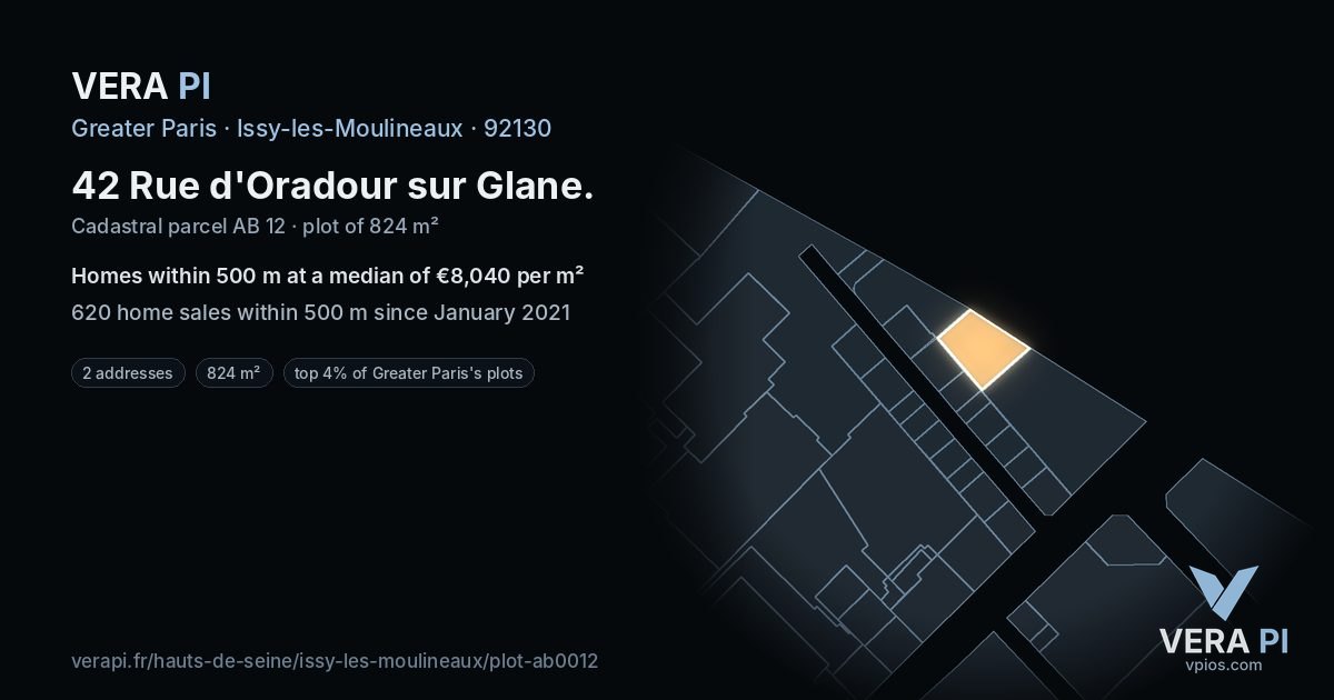 42 Rue d'Oradour sur Glane, Issy-les-Moulineaux at night – the plot lit, the parcels around coloured by the prices near them