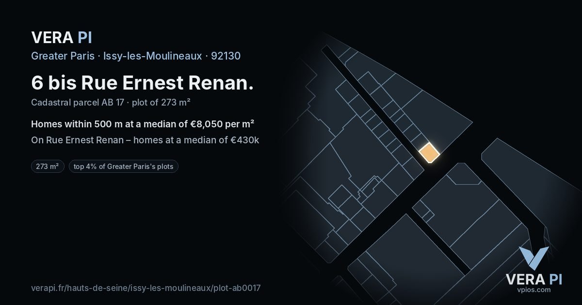 6 bis Rue Ernest Renan, Issy-les-Moulineaux at night – the plot lit, the parcels around coloured by the prices near them