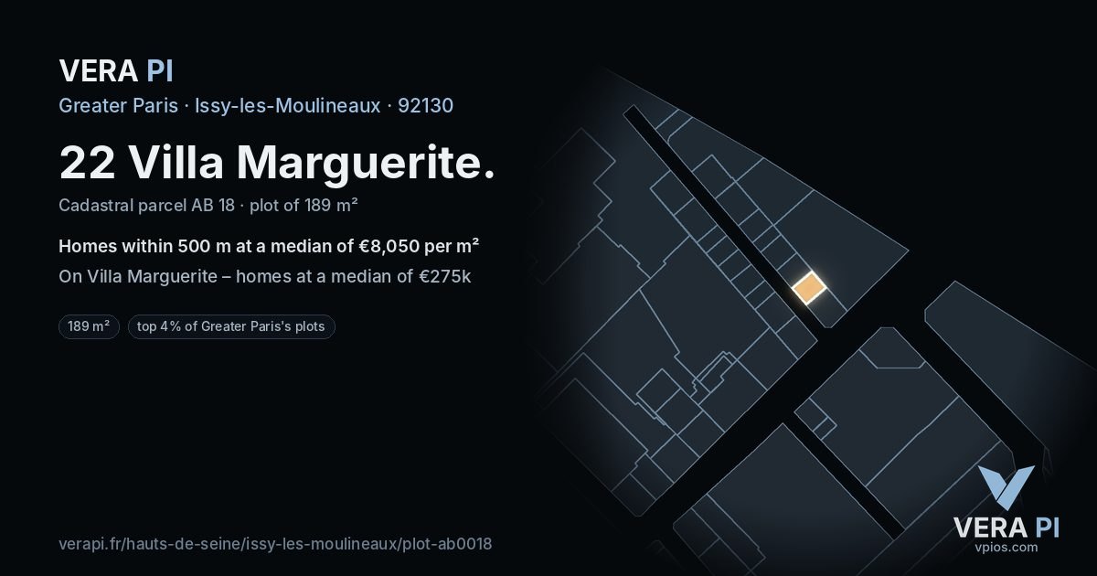 22 Villa Marguerite, Issy-les-Moulineaux at night – the plot lit, the parcels around coloured by the prices near them