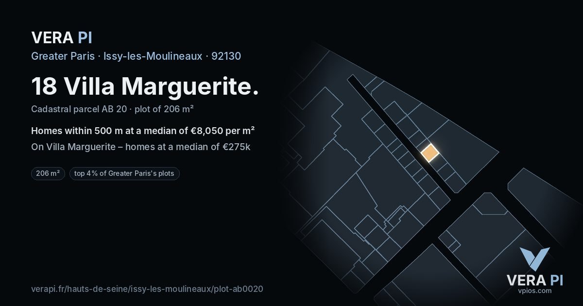18 Villa Marguerite, Issy-les-Moulineaux at night – the plot lit, the parcels around coloured by the prices near them