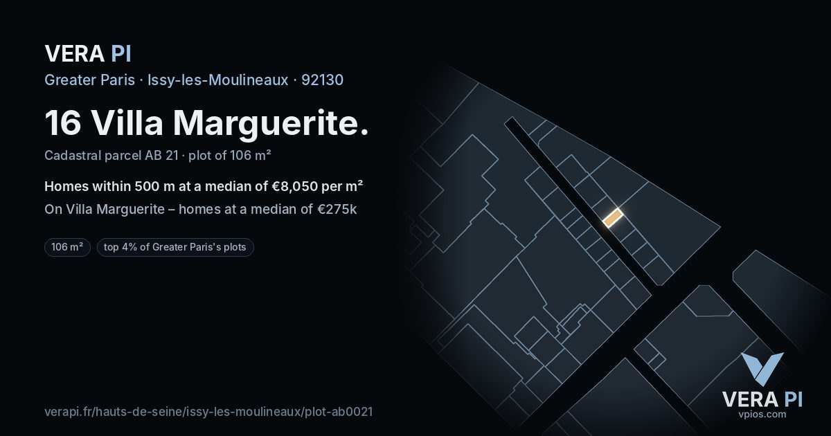 16 Villa Marguerite, Issy-les-Moulineaux at night – the plot lit, the parcels around coloured by the prices near them