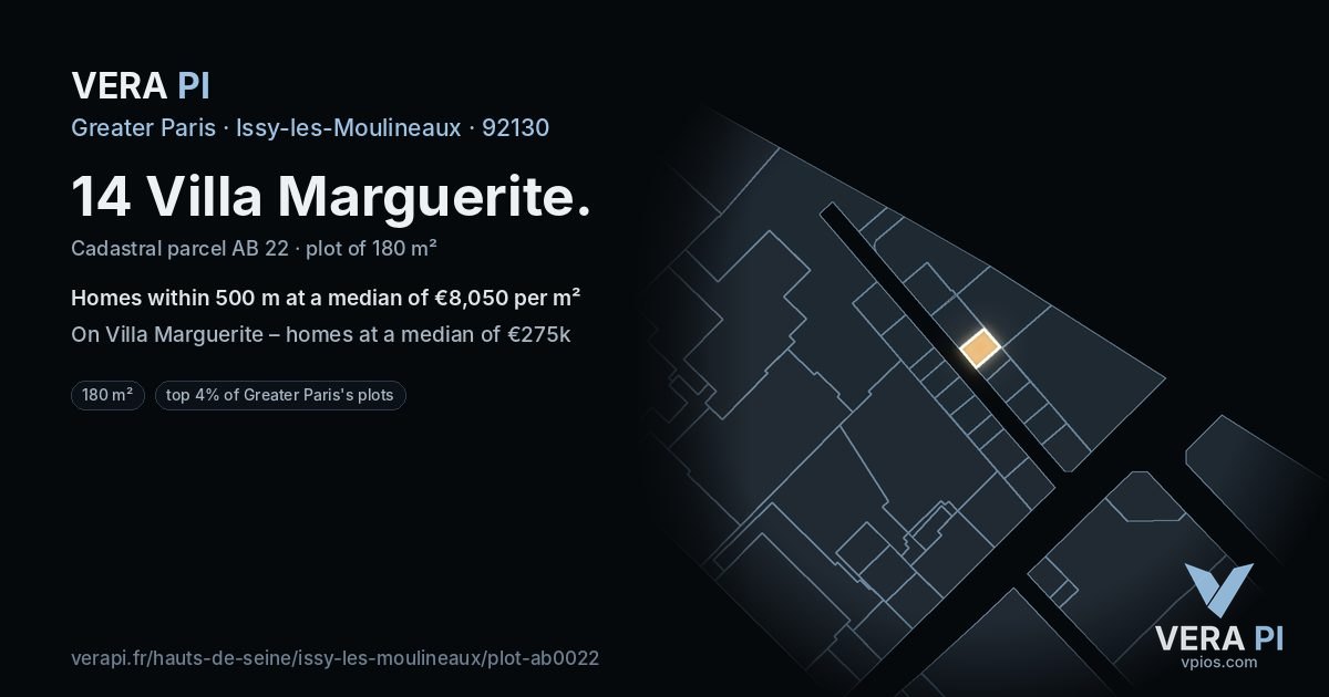14 Villa Marguerite, Issy-les-Moulineaux at night – the plot lit, the parcels around coloured by the prices near them