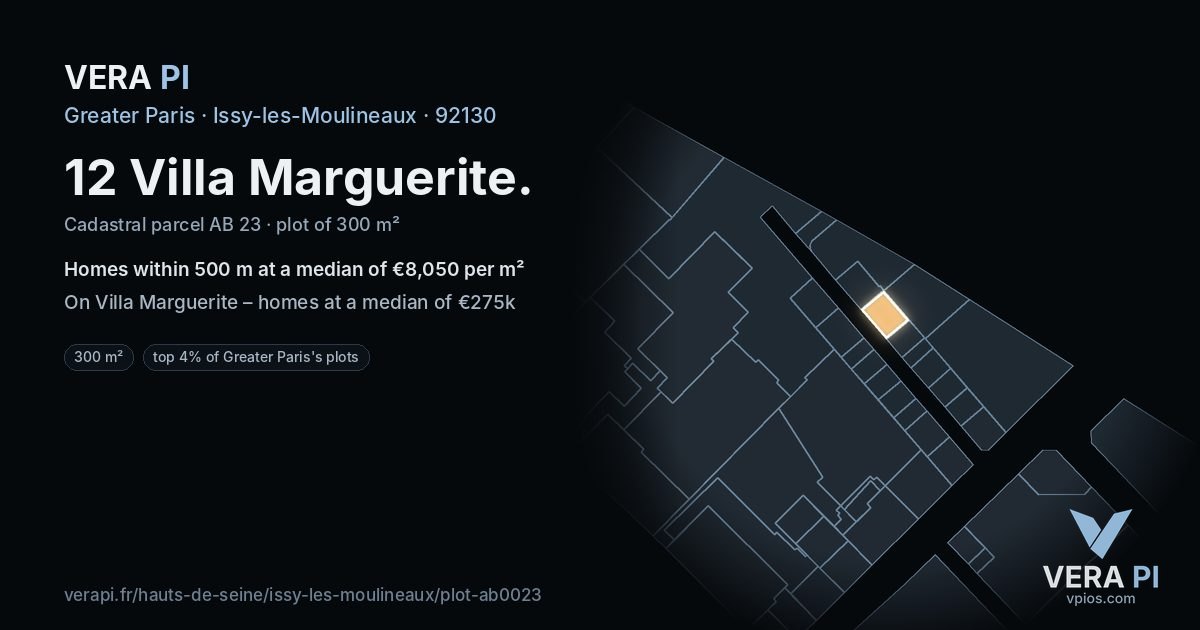 12 Villa Marguerite, Issy-les-Moulineaux at night – the plot lit, the parcels around coloured by the prices near them