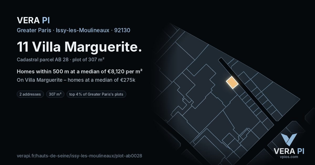 11 Villa Marguerite, Issy-les-Moulineaux at night – the plot lit, the parcels around coloured by the prices near them
