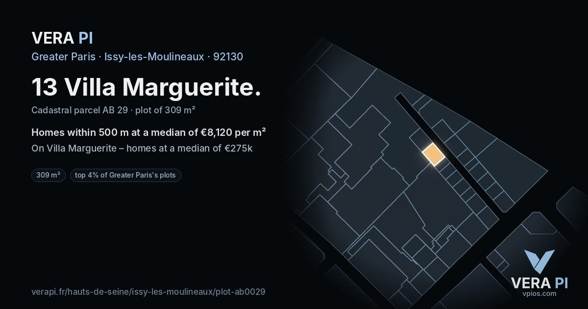 13 Villa Marguerite, Issy-les-Moulineaux at night – the plot lit, the parcels around coloured by the prices near them