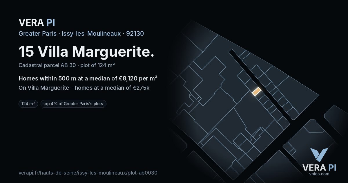 15 Villa Marguerite, Issy-les-Moulineaux at night – the plot lit, the parcels around coloured by the prices near them