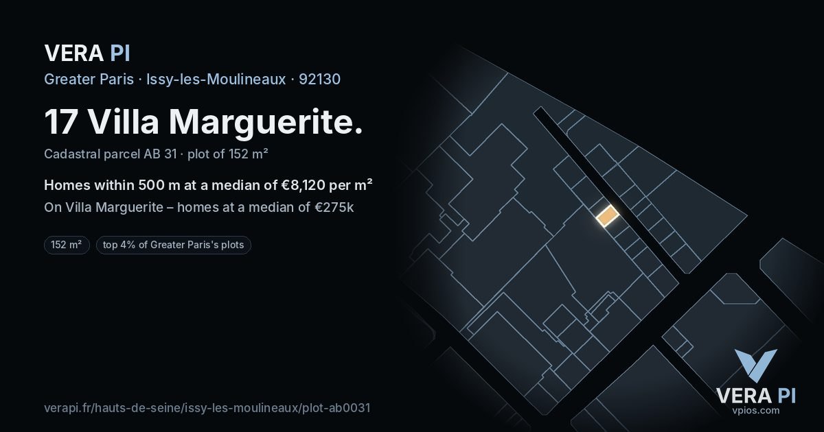 17 Villa Marguerite, Issy-les-Moulineaux at night – the plot lit, the parcels around coloured by the prices near them