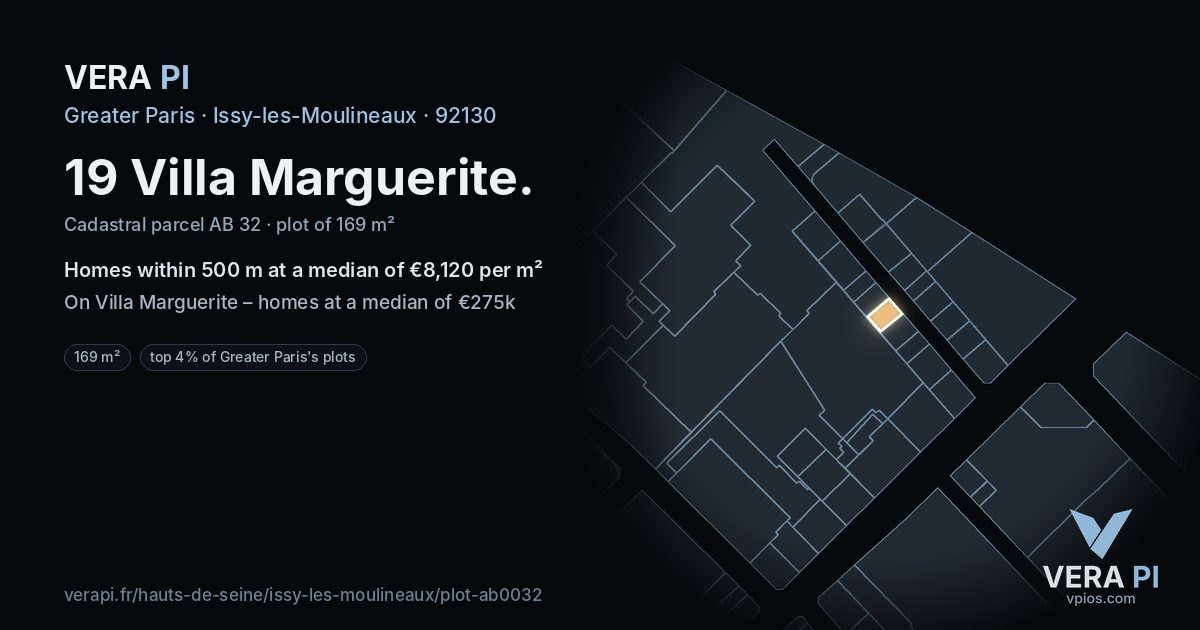 19 Villa Marguerite, Issy-les-Moulineaux at night – the plot lit, the parcels around coloured by the prices near them