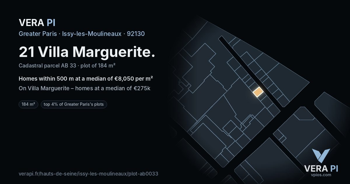 21 Villa Marguerite, Issy-les-Moulineaux at night – the plot lit, the parcels around coloured by the prices near them