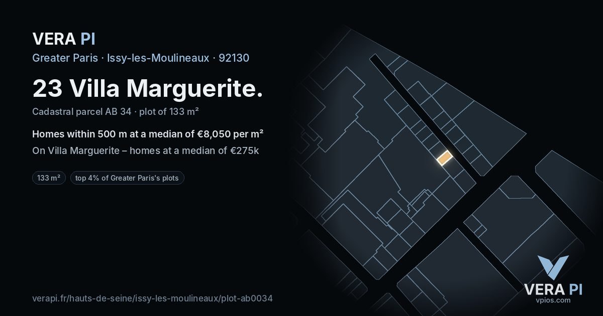 23 Villa Marguerite, Issy-les-Moulineaux at night – the plot lit, the parcels around coloured by the prices near them