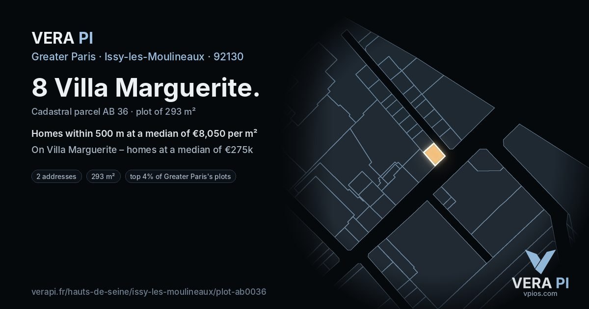 8 Villa Marguerite, Issy-les-Moulineaux at night – the plot lit, the parcels around coloured by the prices near them