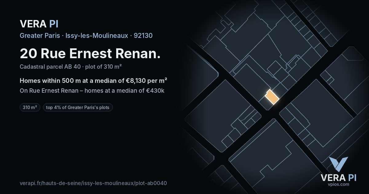 20 Rue Ernest Renan, Issy-les-Moulineaux at night – the plot lit, the parcels around coloured by the prices near them
