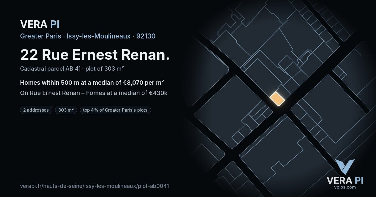 22 Rue Ernest Renan, Issy-les-Moulineaux at night – the plot lit, the parcels around coloured by the prices near them