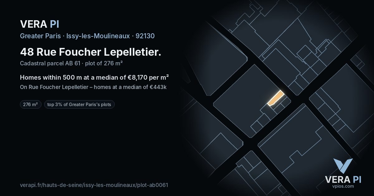 48 Rue Foucher Lepelletier, Issy-les-Moulineaux at night – the plot lit, the parcels around coloured by the prices near them