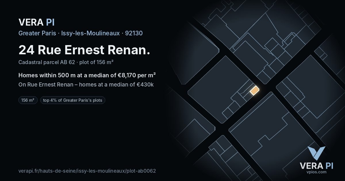 24 Rue Ernest Renan, Issy-les-Moulineaux at night – the plot lit, the parcels around coloured by the prices near them