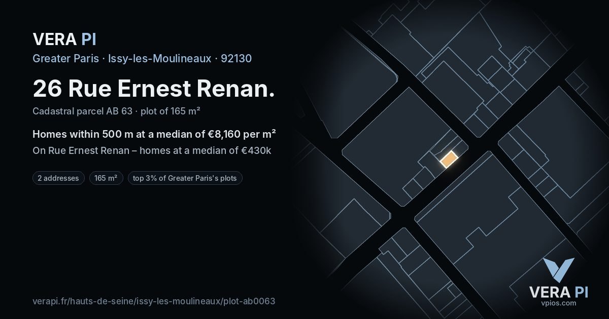 26 Rue Ernest Renan, Issy-les-Moulineaux at night – the plot lit, the parcels around coloured by the prices near them