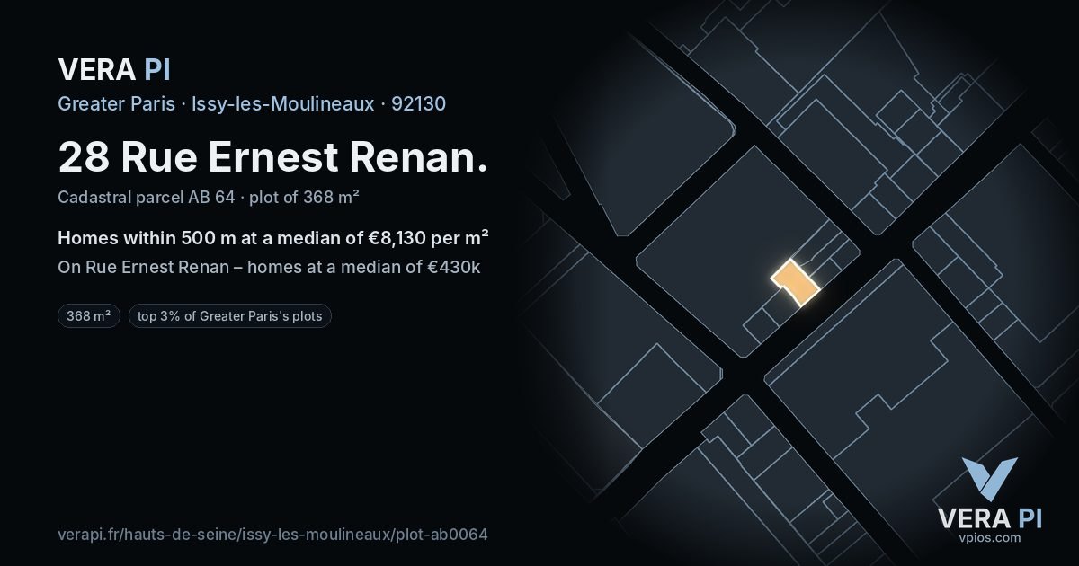 28 Rue Ernest Renan, Issy-les-Moulineaux at night – the plot lit, the parcels around coloured by the prices near them