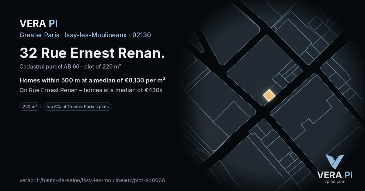 32 Rue Ernest Renan, Issy-les-Moulineaux at night – the plot lit, the parcels around coloured by the prices near them