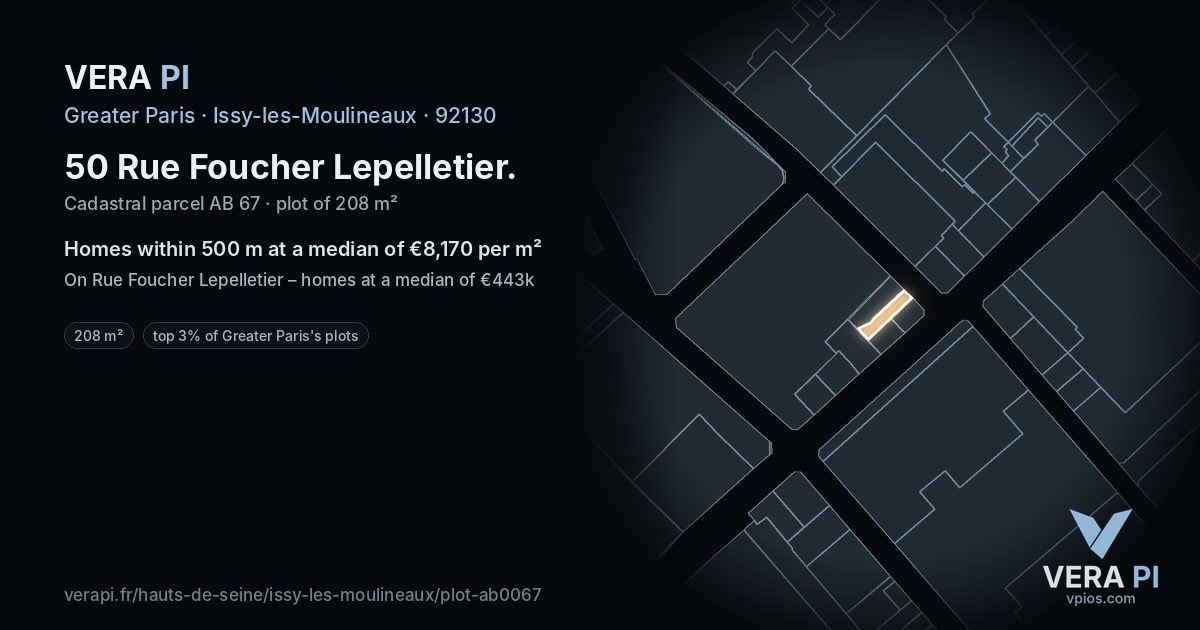 50 Rue Foucher Lepelletier, Issy-les-Moulineaux at night – the plot lit, the parcels around coloured by the prices near them