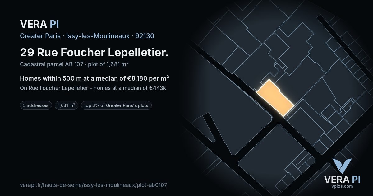 29 Rue Foucher Lepelletier, Issy-les-Moulineaux at night – the plot lit, the parcels around coloured by the prices near them
