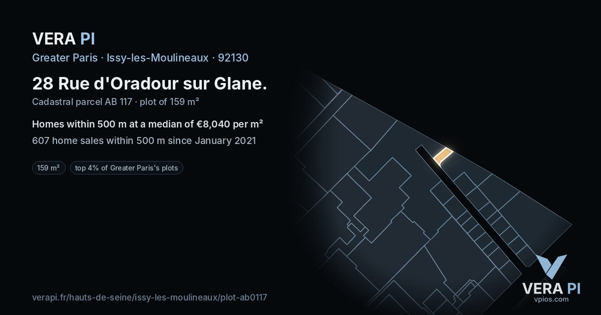 28 Rue d'Oradour sur Glane, Issy-les-Moulineaux at night – the plot lit, the parcels around coloured by the prices near them