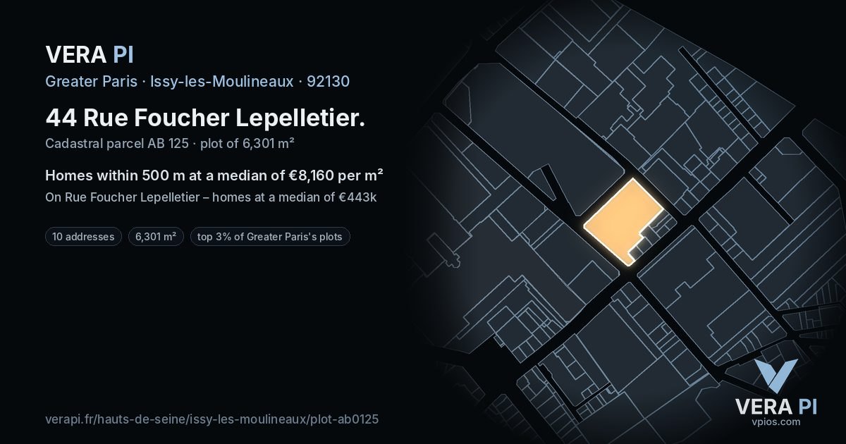 44 Rue Foucher Lepelletier, Issy-les-Moulineaux at night – the plot lit, the parcels around coloured by the prices near them