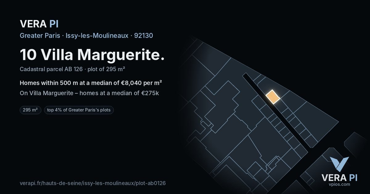 10 Villa Marguerite, Issy-les-Moulineaux at night – the plot lit, the parcels around coloured by the prices near them