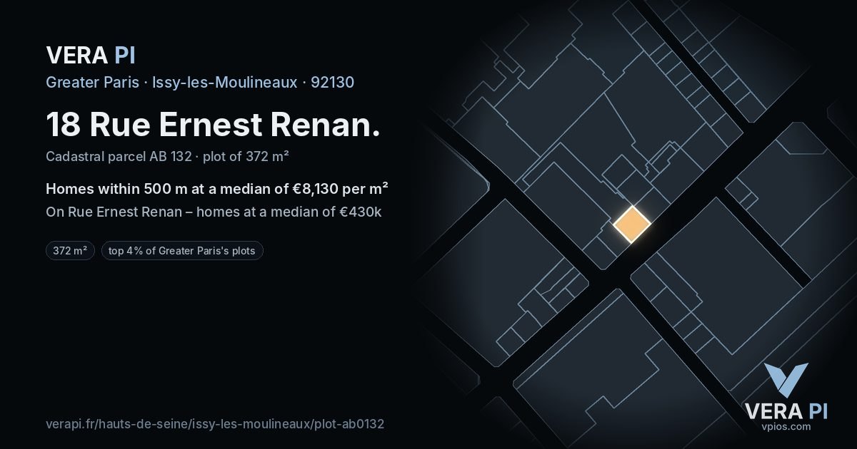 18 Rue Ernest Renan, Issy-les-Moulineaux at night – the plot lit, the parcels around coloured by the prices near them