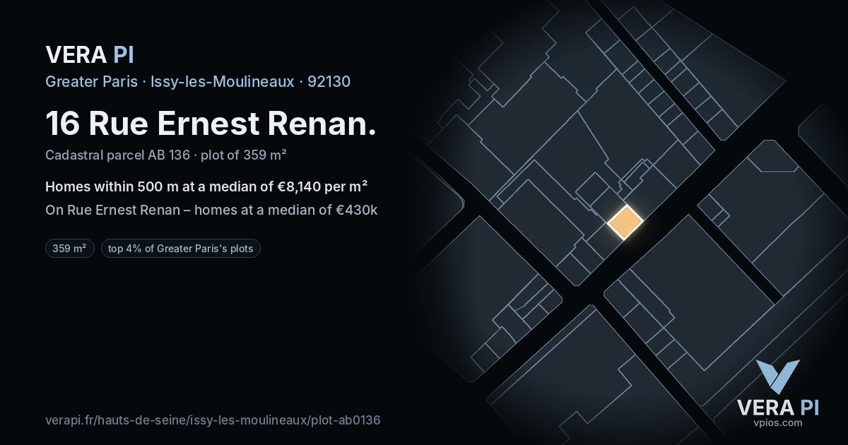 16 Rue Ernest Renan, Issy-les-Moulineaux at night – the plot lit, the parcels around coloured by the prices near them