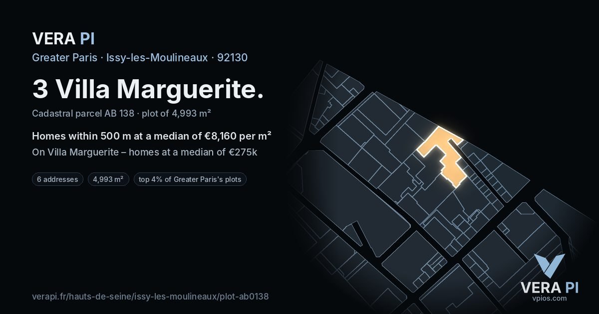 3 Villa Marguerite, Issy-les-Moulineaux at night – the plot lit, the parcels around coloured by the prices near them