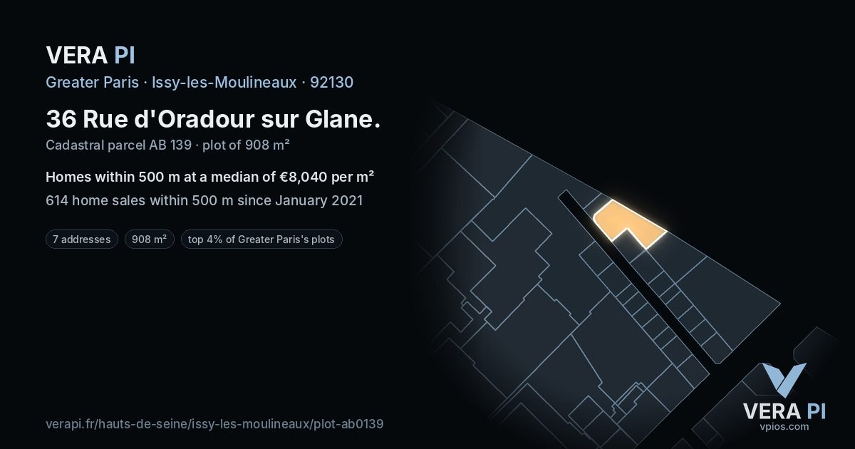 36 Rue d'Oradour sur Glane, Issy-les-Moulineaux at night – the plot lit, the parcels around coloured by the prices near them