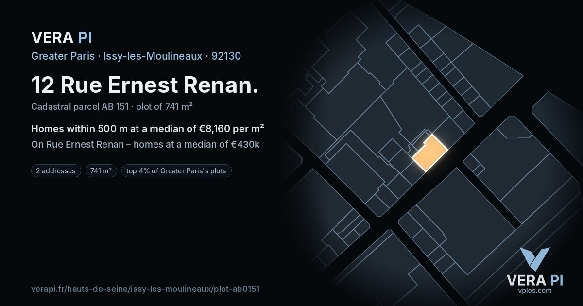 12 Rue Ernest Renan, Issy-les-Moulineaux at night – the plot lit, the parcels around coloured by the prices near them