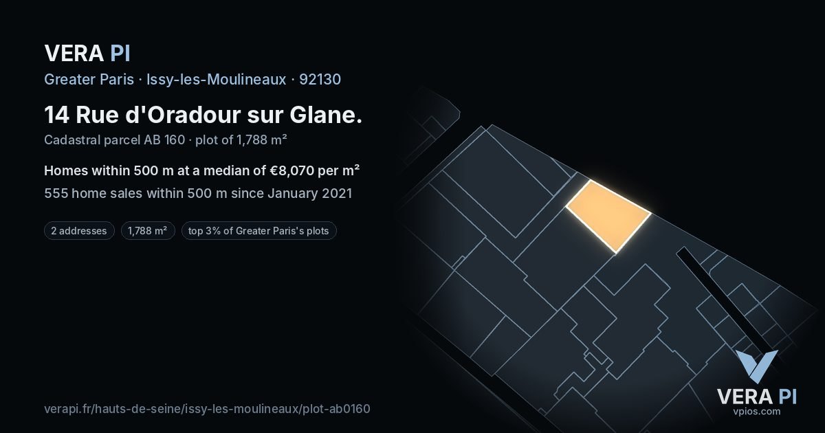 14 Rue d'Oradour sur Glane, Issy-les-Moulineaux at night – the plot lit, the parcels around coloured by the prices near them