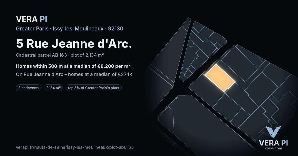 5 Rue Jeanne d'Arc, Issy-les-Moulineaux at night – the plot lit, the parcels around coloured by the prices near them