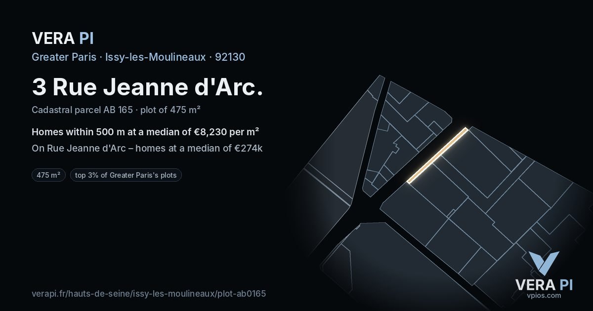 3 Rue Jeanne d'Arc, Issy-les-Moulineaux at night – the plot lit, the parcels around coloured by the prices near them