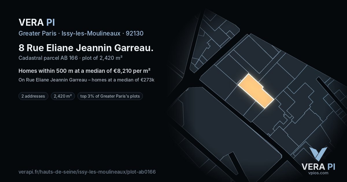 8 Rue Eliane Jeannin Garreau, Issy-les-Moulineaux at night – the plot lit, the parcels around coloured by the prices near them